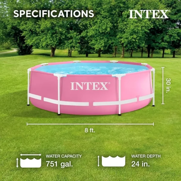 Intex 8ft x 2.5ft Easy to Assemble Large Round Metal Frame Above Ground Swimming Pool with Dual Suction Outlet Fittings, Pink - Image 2