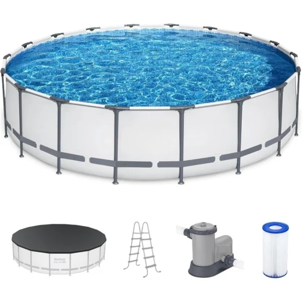 HOME.Steel Pro MAX 18 Foot x 48 Inch Round Metal Frame Above Ground Outdoor Swimming Pool Set with 1,000 Filter Pump