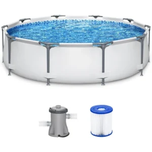 Upgraded version Steel Pro MAX 10 Foot x 30 Inch Round Metal Frame Above Ground Outdoor Swimming Pool Set, 330 GPH Filter Pump