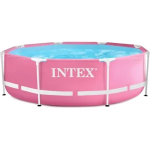 Intex 8ft x 2.5ft Easy to Assemble Large Round Metal Frame Above Ground Swimming Pool with Dual Suction Outlet Fittings, Pink