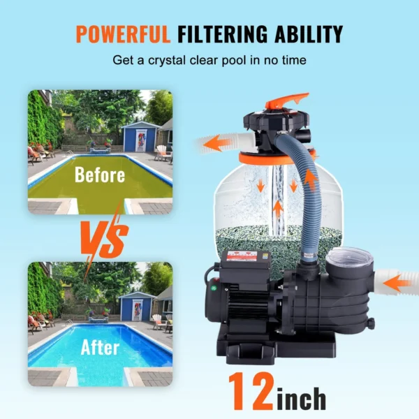 Sand Filter Pump for Above Ground Pools, 12-inch, 3000 GPH, 1/2 HP Swimming Pool Pumps System & Filters Combo Set with 6-Way - Image 5