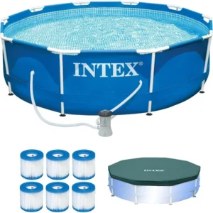 INTEX Pool Metal Frame 10'x30" Round Outdoor Swimming Pool Set with 330 GPH Filter Pump, Pool Cover, and Type H Filter Cartridge