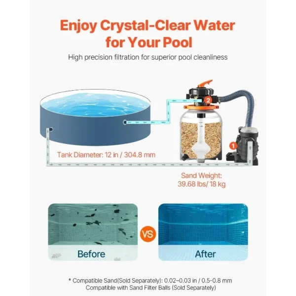 VEVOR Sand Filter Pump for Above Ground Pool, 12 in, 3000 GPH, 1/2 HP Swimming Pool Sand Filter Pump System, Krystal Clear - Image 5