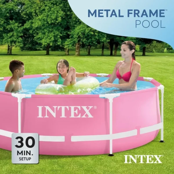 Intex 8ft x 2.5ft Easy to Assemble Large Round Metal Frame Above Ground Swimming Pool with Dual Suction Outlet Fittings, Pink - Image 3