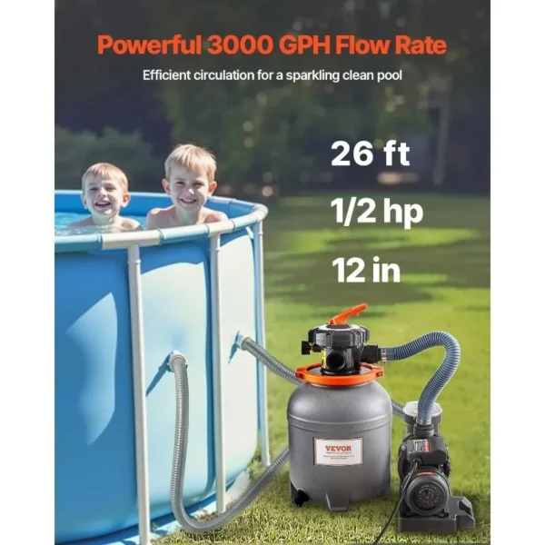 VEVOR Sand Filter Pump for Above Ground Pool, 12 in, 3000 GPH, 1/2 HP Swimming Pool Sand Filter Pump System, Krystal Clear - Image 2